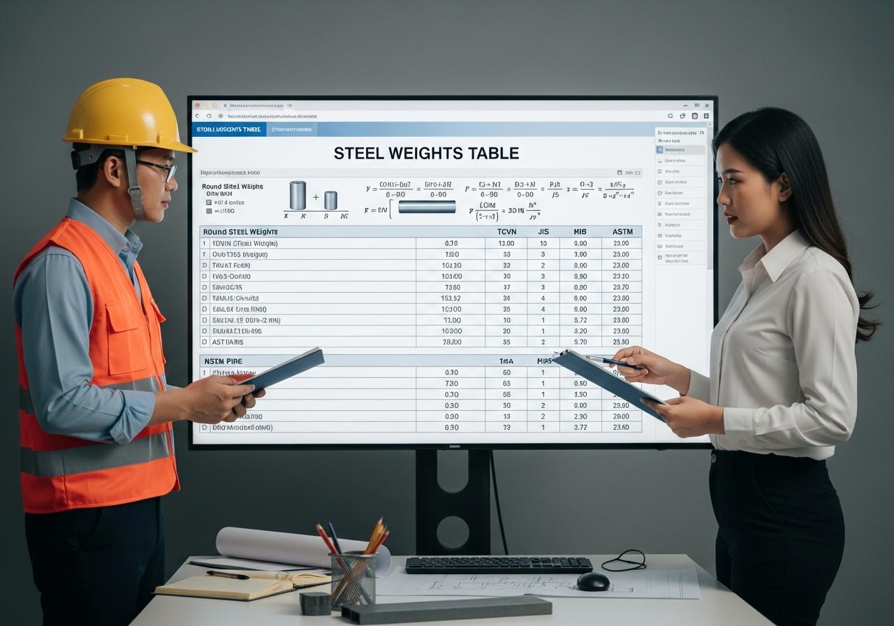Bảng tra nhanh trọng lượng thép tròn đặc và ống (Cập nhật TCVN, JIS, ASTM 2025)